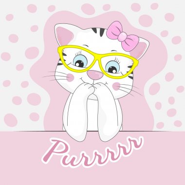 Happy beautiful kitty in sunglasses and inscription purr. clipart