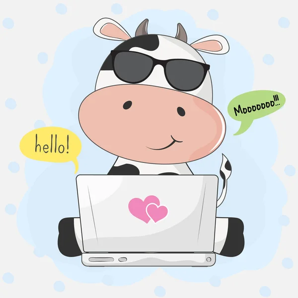 Niedliche Cartoon-Kuh spielt in Computerspiel durch das Internet — Stockvektor