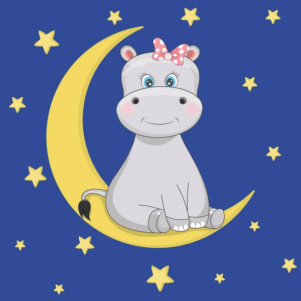 Lindo divertido dibujos animados hipopótamo es sentado en la luna . — Vector de stock