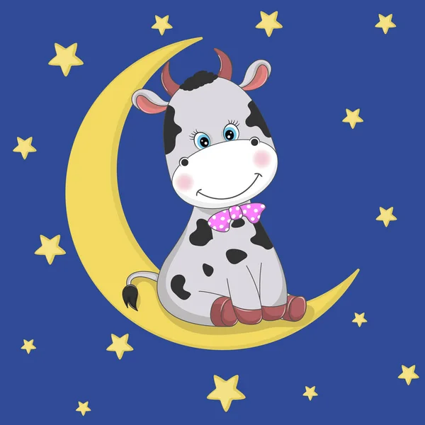 Cute funny cartoon cow is sitting on the moon.