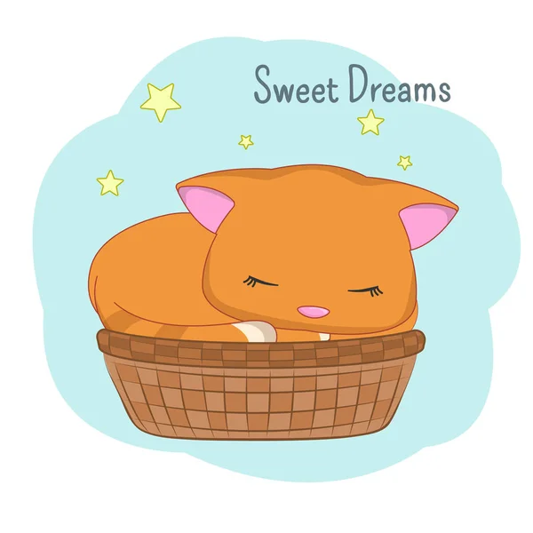 Cartoon styl mały śpiący kotek w koszyku. — Wektor stockowy
