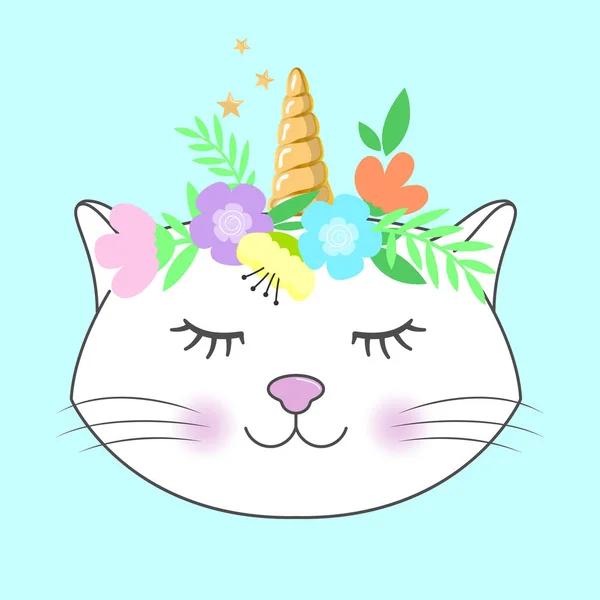 Linda fantasía, unicornio gato de dibujos animados. Ilustración vectorial. Tarjeta de felicitación . — Vector de stock