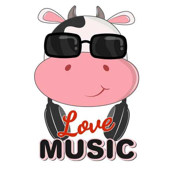 Bela vaca em óculos de sol adoram música. Cartão de felicitações. Ilustração vetorial . — Vetor de Stock