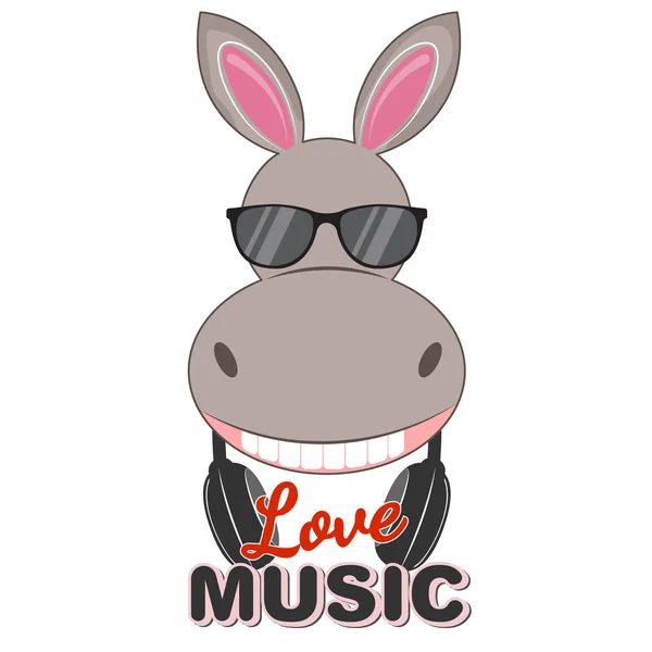 Bonito burro em óculos de sol amo música. Cartão de felicitações. Ilustração vetorial . — Vetor de Stock