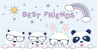 Sevimli hayvanlar kedi, ayı, tavşan ve köpek en iyi arkadaş. Mutlu dostluk günü.