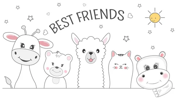 Schattige dieren Giraffe, kat, Beer, Lama en Hippo beste vrienden. Happy Friendship Day. — Stockvector