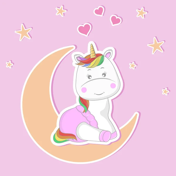 Adorable bebé de dibujos animados Unicornio en un pañal rosa sentado en la luna y sonriendo . — Vector de stock