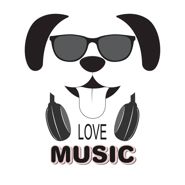 Cão bonito em óculos de sol adoram música. Ilustração vetorial . — Vetor de Stock