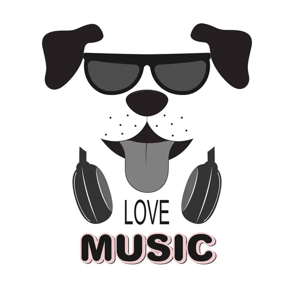 Bellissimo cane in occhiali da sole ama la musica. Illustrazione vettoriale . — Vettoriale Stock