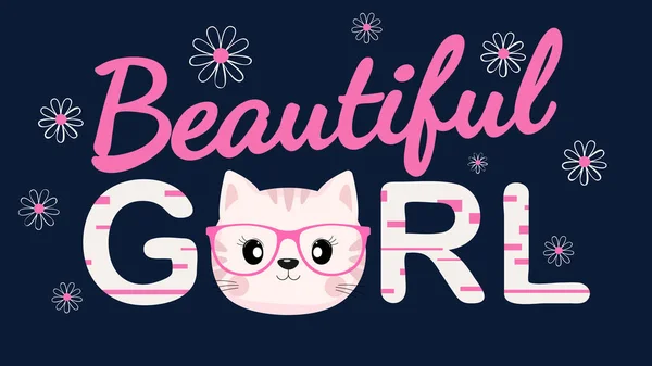 Kartun wajah manis bayi kucing dengan kacamata merah muda. Slogan gadis cantik . - Stok Vektor