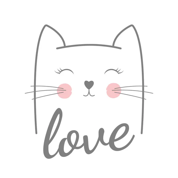 Любовная милая кошачья морда, с текстом Любовь изолированный объект на белом фоне . — стоковый вектор