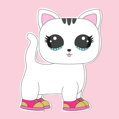 Büyük gözlü etiket ile sevimli karikatür kedi bebek.