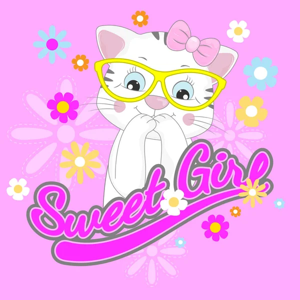 Süßes Katzenmädchen mit Sonnenbrille und wunderschönem Blumenschmuck. — Stockvektor