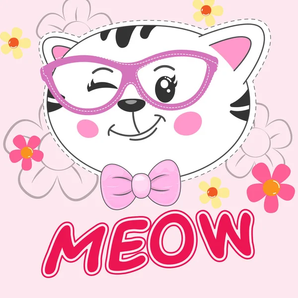 Beautiful cartoon kitty girl in glasses. Greeting card — Stock vektor