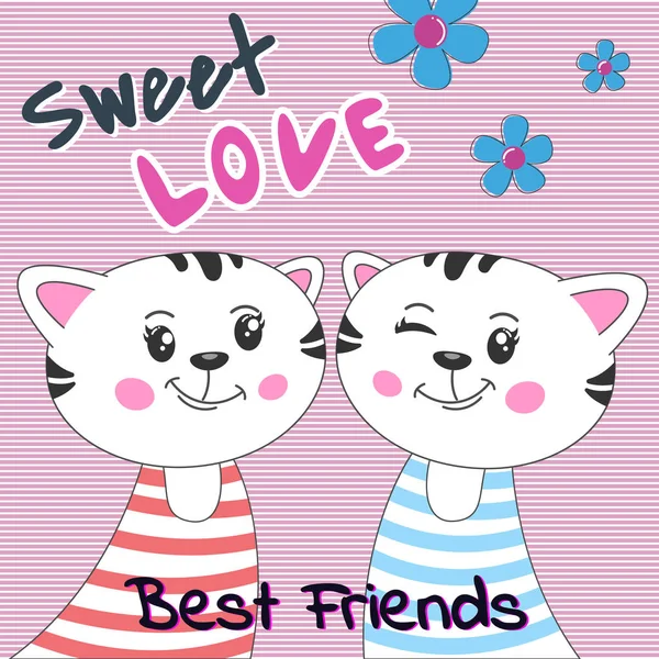Piękny kreskówka dwa koty z tekst słodki miłość na różowym tle. — Wektor stockowy