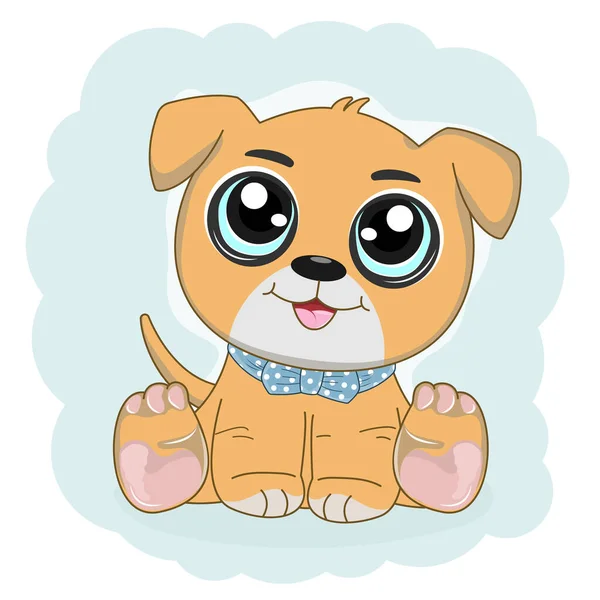 Lindo divertido perro de dibujos animados sonriendo con arco azul . — Vector de stock