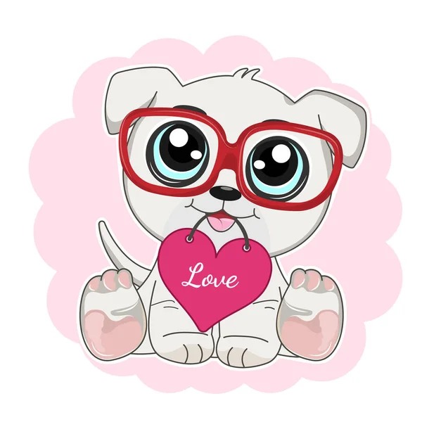 Lindo divertido gato de dibujos animados en gafas sonriendo sosteniendo un corazón rojo . — Vector de stock