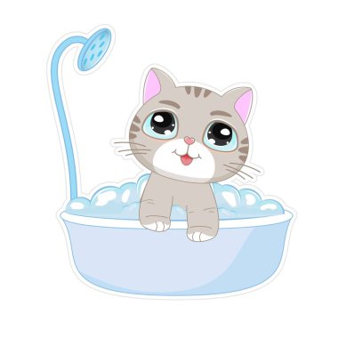 Beyaz arka planda sabun köpüğü banyosu yapan sevimli çizgi film kedisi. Çocuklar için grafiksel unsur seti, tebrik kartı, kapak, poster ve tişört. Vektör illüstrasyonu.