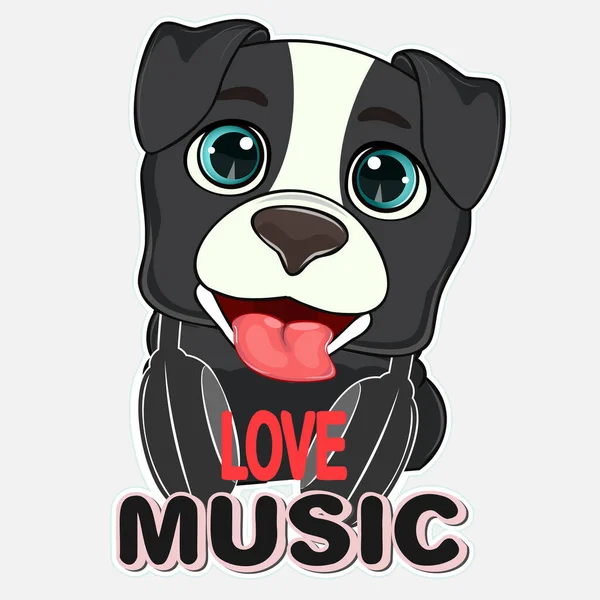 Felice cartone animato cane ama la musica. Illustrazione vettoriale. — Vettoriale Stock