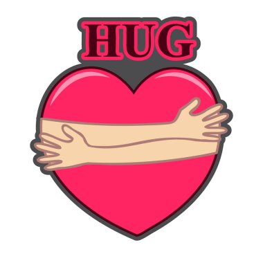 Eller kırmızı kalbe sarılır. Etiket, aşk sembolü, düz tasarım.