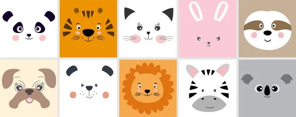 Cute Cartoon Characters Animals Panda Tiger Cat Rabbit Sloth Pug — Stock Vector
