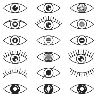 Göz simgelerini ayarlayın. Açık ve kapalı gözler, uyuyan göz şekilleri, kirpik, web sayfası için işaretler. Vektör illüstrasyonu.