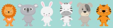Sevimli çizgi film karakterleri aslan, koala, ayı, tavşan, tavşan, zebra, köpek, kaplan kawaii düz stili. Parmak izleri, çocuk kartları, tişörtler ve diğerleri için modern poster. Vektör illüstrasyonu.