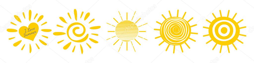 Sun icon Set, yellow color. Fun doodle in flat style. Vector illustration.