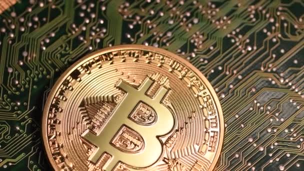 Fysisk Bitcoin Över Elektroniska Kretskort Ultra Video Klipp — Stockvideo