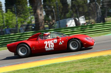 21 April 2018: Unknown drive Alfa Romeo 33 'Periscopica' Spider during Motor Legend Festival 2018 at Imola Circuit in Italy. clipart