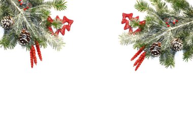 Noel köknar ağacı ve dekor beyaz arka plan. Xmas arka plan