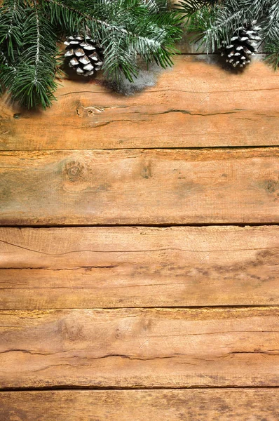 Ramo Albero Natale Ricoperto Neve Con Palline Natale Legno Sfondo — Foto Stock