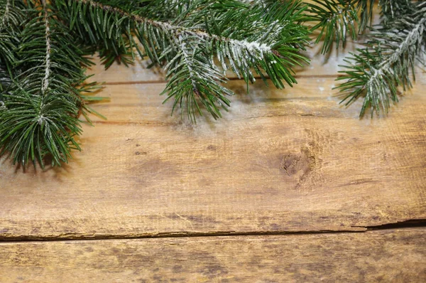 Ramo Albero Natale Ricoperto Neve Legno Sfondo Natale — Foto Stock