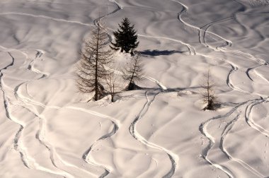 Kayakçılar ve Snowboard düşkünleri İtalya Güney Tirol Dağları beyaz karda izleri.