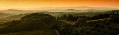 Tuscany, yatay, zeytin ağaçları ve selvi Castellina in Chianti (Siena) yakınındaki gün batımında. İtalya