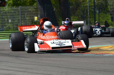 21 Nisan 2018: Motor efsane Festivali 2018 İtalya Imola pistinde sırasında tarihi 1973 F1 araba Williams Fx3b ile Rollinger, Daniel Lu Çalıştır.