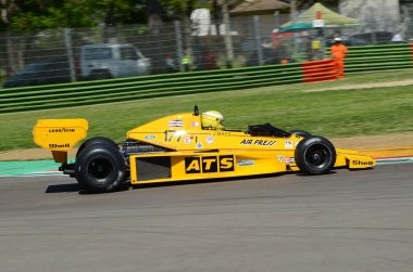 21 April 2018: Perrier, Christian FR run with historic 1978 F1 car ATS HS01 during Motor Legend Festival 2018 at Imola Circuit in Italy. clipart