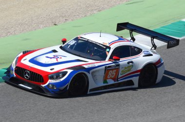 Italy - 29 March, 2019: Mercedes-AMG GT3 of CP Racing United States Team driven by Charles Putman/Charles Espenlaub/Joe Foster in action during 12h Hankook Race at Mugello Circuit. clipart