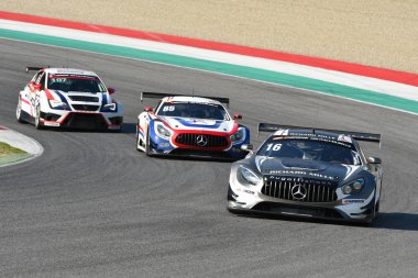 Italy 29 March, 2019: Mercedes AMG GT3 of SPS Automotive Performance Team Valentin Pierburg / Tim Mller / Tom Onslow-Cole in action during 12h Hankook Race at Mugello Circuit. clipart