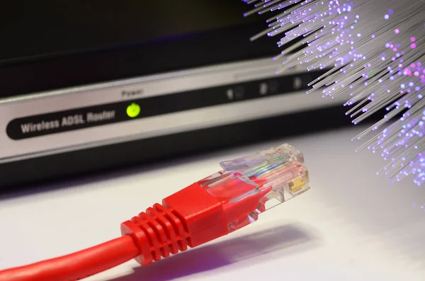 Dettaglio Del Modem Router Adsl Con Luci Luminescenti Fibra Ottica — Foto Stock