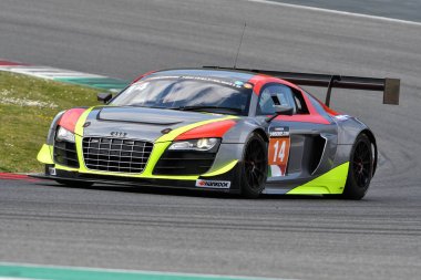 Italy - 29 March, 2019: Audi R8 LMS 2018 of Speed Lover Belgium Team driven by Dominique Bastien/Jimmy de Breucker in action during 12h Hankook Race at Mugello Circuit. clipart