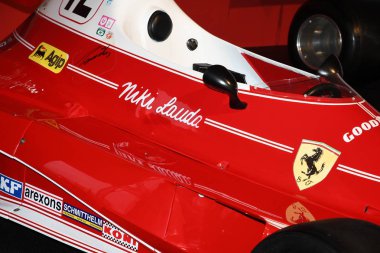 MUGELLO, IT, October, 2017: Vintage Ferrari F1 312 T 1975 of Niki Lauda at Paddock Show of Ferrari Anniversary 1947-2017 in Mugello Circuit at Finali Mondiali Ferrari 2017. Italy clipart