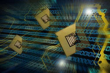 3d illüstrasyon. cpu yonga işlemcileri ve elektronik devre ile ikili kod