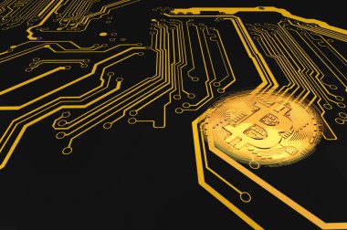 Siyah arka plan üzerinde bitcoin kriptopara ve elektronik devre 3d illüstrasyon
