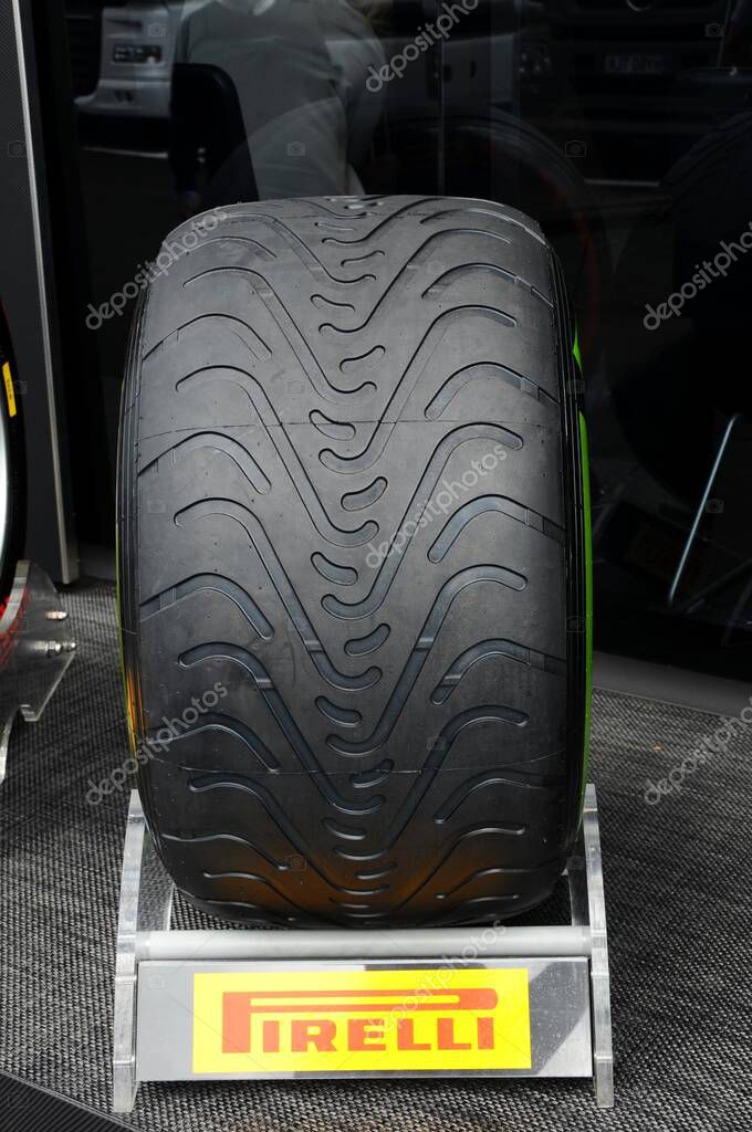 MUGELLO, ITALY - MAY 2012: Pirelli Formula One tires for intermediate condition on display in the paddock of the Mugello circuit.