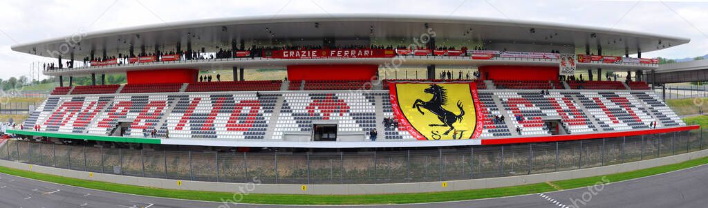 MUGELLO, ITALY - MAY 2012: view of the central tribune at Mugello Circuit during the Official F1 Test Days with the giant logo of Ferrari. Italy