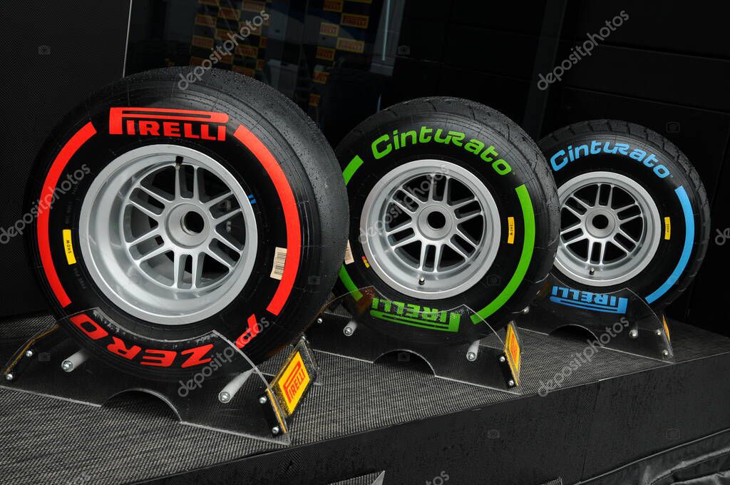 MUGELLO, ITALY - MAY 2012: Pirelli tires of various compounds for Formula 1 cars on display in the paddock during the Official F1 Test Days at Mugello Circuit. Italy