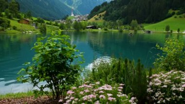Arka planda Alp köyü ve önde çiçekler olan Lappago Gölü. Güney Tyrol, Val Pusteria. Bolzano, İtalya.