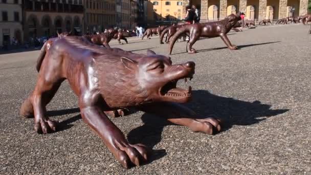 Florencia Italia 2020 Los Lobos Liu Ruowang Exhiben Plaza Pitti — Vídeo de stock