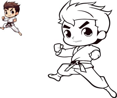 Bu canlı illüstrasyon, bir çocuğun karate kıyafetinin içindeki coşku ve kararlılığın özünü yansıtıyor, her türlü meydan okumaya hazır..